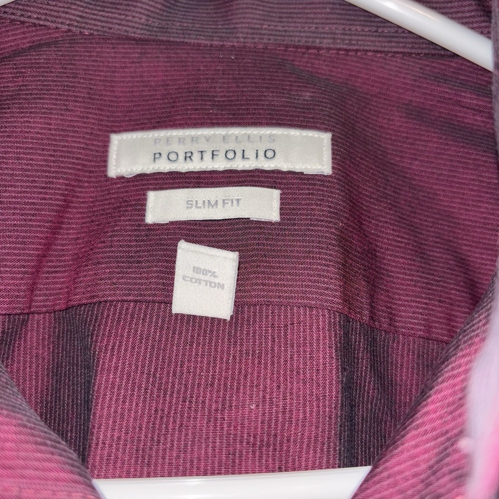 Perry Ellis Portfolio Mens Dress Shirt L 15.5 32/33 Slim Fit Red Burgundy Cotto - Picture 4 of 8
